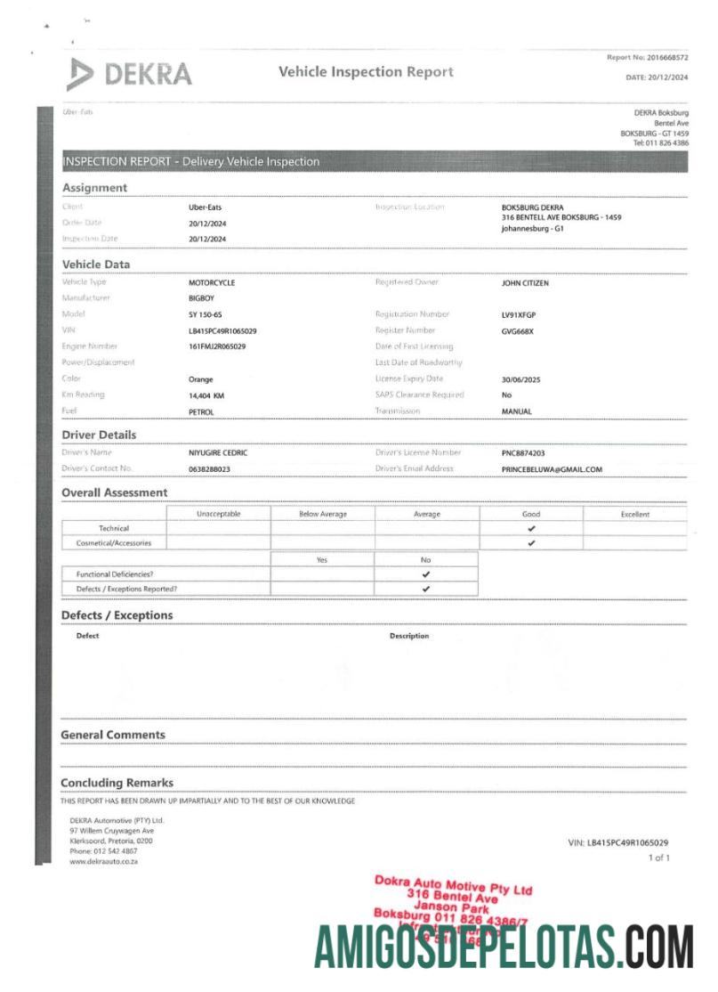 Relatório de inspeção veicular exemplo real